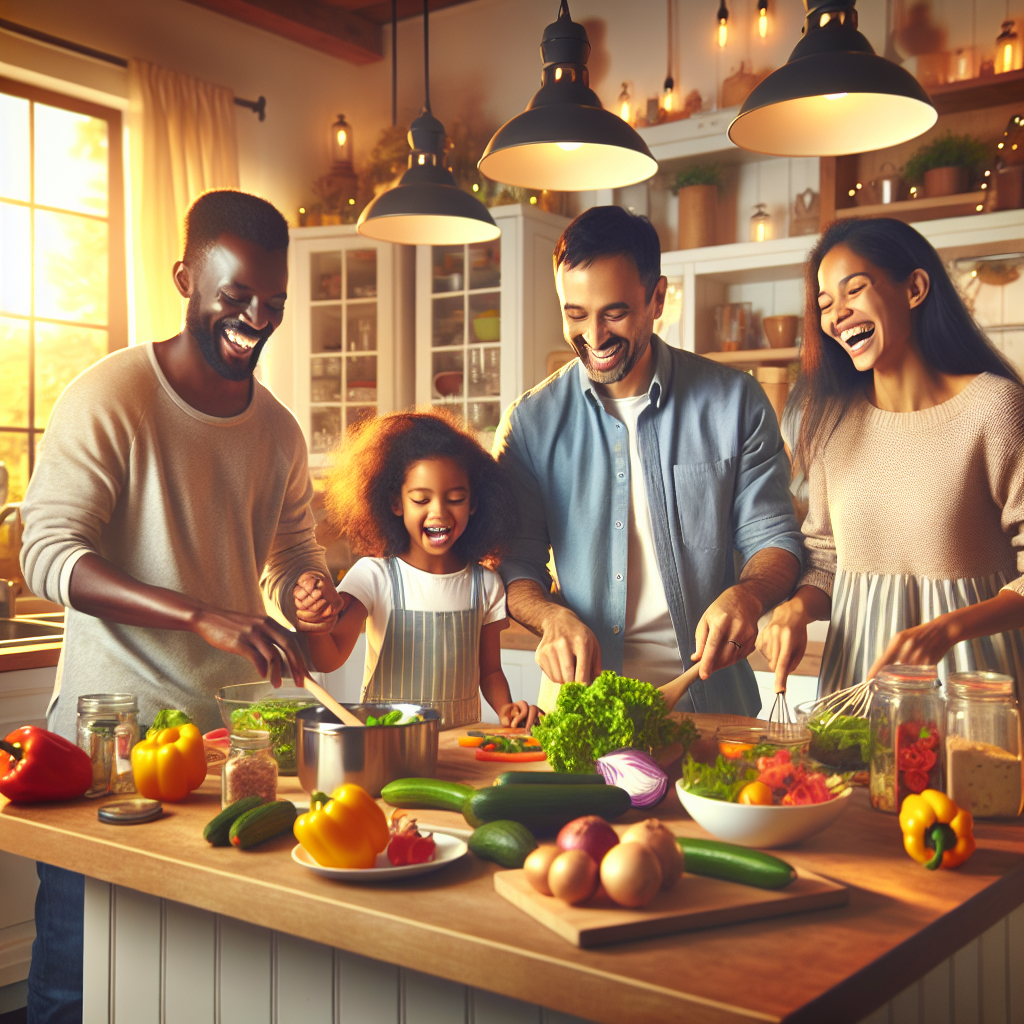 A family cooking together in a bright kitchen, showcasing joy and togetherness