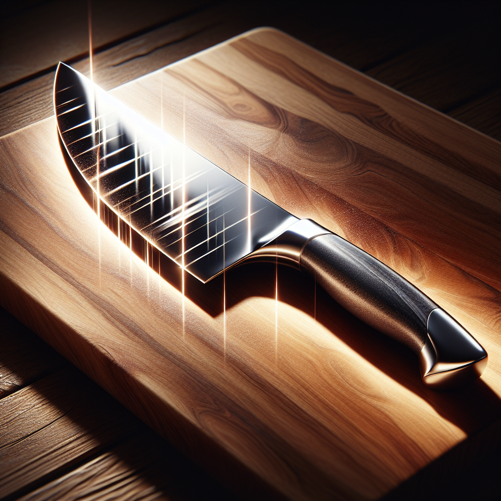 A sharp chef's knife on a wooden cutting board